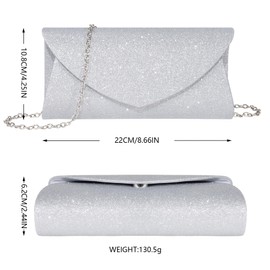 Toptime Women's Clutches, Sliver Glitter Sequin Evening Handbags with Detachable Chain, Elegant Crossbody Clutch for Ladies, Envelope Shimmer Small Shoulder Bag for Party, Banquet, Formal Dating