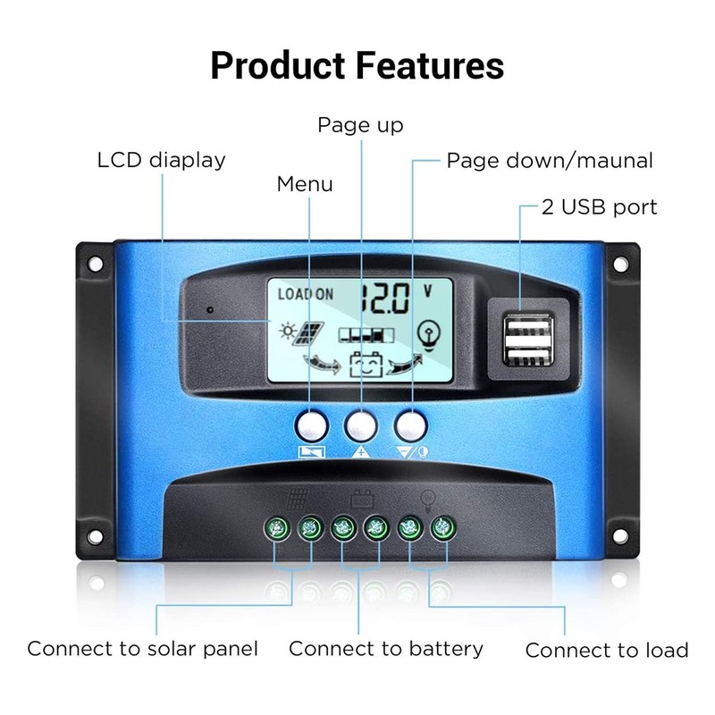 Solar Charge Controller 12V 24V Intelligent Identification MPPT Charging LCD