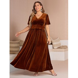 Simplee Women's V Neck Plus Size Velvet Maxi Dress Fall Short Sleeve Evening Party Long Formal Dress for Wedding Guest(2XL Burnt Orange)