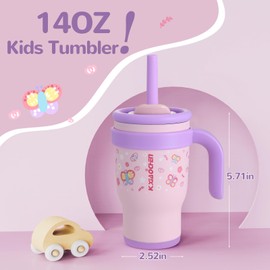 KXIAOCHEN 14 oz Kids Tumbler with Handle for Spill Proof Insulated Stainless Steel Reusable Tumbler for Toddlers, Keeps Drinks Cold up to 24 Hrs,Unicorn+Butterfly2P