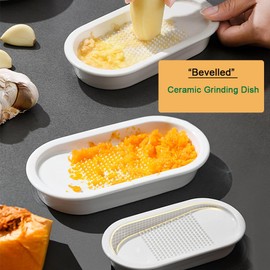 Garlic Plate Grater,Ceramic Japanese style Beveled Design Garlic Grater Plate With Brush,For Kitchen Ginger, Onions, Cheese, Lemon, Chocolate, Vegetables and Fruits (6.6 * 3.4in White)