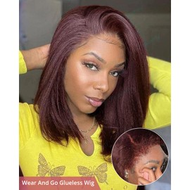 Style Icon Short Kinky Straight Bob Human Hair Wig 4C Kinky Curly Edges Hairline Wear and Go Glueless Bob Wig for Women 12 Inch Reddish Brown Pre Plucked Pre Cut Deep C Lace Part