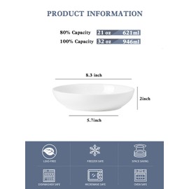 Kanwone Porcelain Pasta Bowls, 32 Ounce Salad Bowls - Set of 6, Shallow Soup Bowls Plates, Large Serving Bowl Set, Microwave and Dishwasher Safe, White