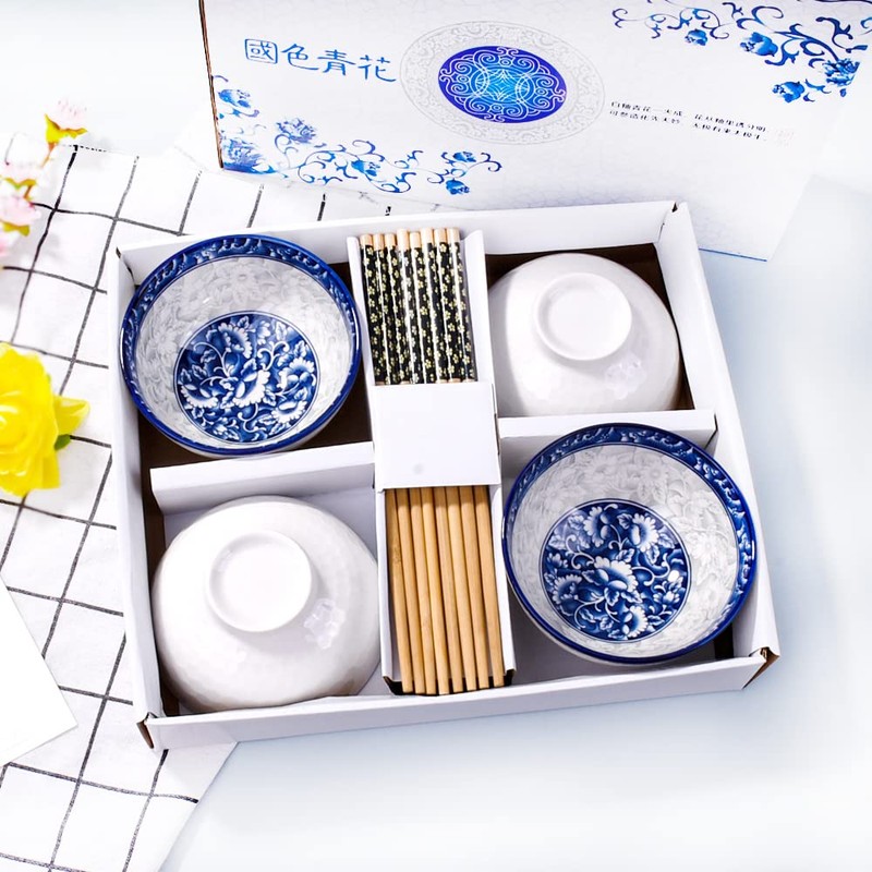 Chinese Bowl and Chopsticks Set of 4 for Rice Soup