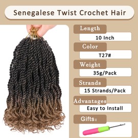 Kachanaa 8 Pack Wavy Senegalese Twist Crochet Hair for Black Women 10 Inch Synthetic Short Pre-Looped Twisted Kids Crochet Hair With Curly Ends Small Havana Twist Braiding Hair Extension T27#