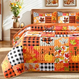 ASPMIZ Fall Queen Quilt Bedding Set Thanksgiving Quilts Queen Size Patchwork Pumpkin Leaves Bedspread Washable Soft Reversible Orange Plaid Quilts with 2 Pillowcases Fall Decorations for Home 90"x90"