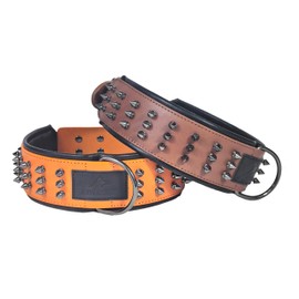Kawagogo Spiked Real Leather Dog Collar，Handmade Dog Collar for Large Dogs，2.2 Inches Wide，German Shepherd Pitbull Doberman (Brown, 22''-25'')