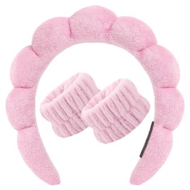 Spa Headband and Wristbands for Women Girls, Face Washing Skincare Hair Band, Terry Towel Cloth Soft Sponge Headwear Makeup Removal, Bubble Head Band, Absorbent Non Slip Thick Hair Accessory (Pink)