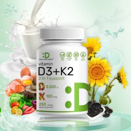 Deal Vitamin D3 & K2 Supplement – 250 Veggie Softgels, 2-in-1 Formula (5000 IU D3 + 100mcg K2 MK7), Supports Healthy Bones, Teeth, Heart & Immune System