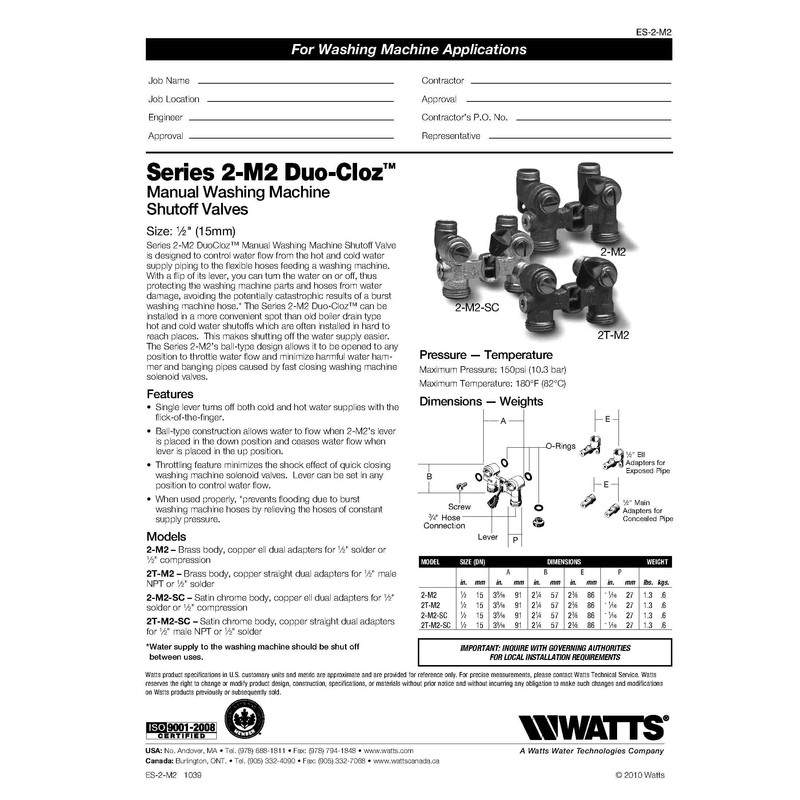 Watts 2T-M2-SC 1/2 2T-M2 DuoCloz Manual Washing Machine Shut Off