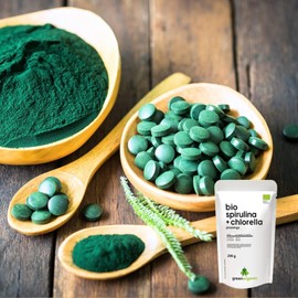 Organic Spirulina + Chlorella - 400 Tablets 200 g - 500 mg per Tablet - Plantensis and Vulgaris Algae - High Dose - Pellets - Controlled Organic Cultivation (200 g, Spirulina + Chlorella)