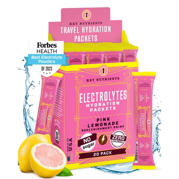 KEY NUTRIENTS Electrolytes Powder Packets - Fresh Pink Lemonade 20 Pack Hydration Packets - Travel Hydration Powder - No Sugar, No Calories, Gluten Free - Made in USA