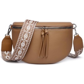 FOMAX Women's Bum Bag, Wide Shoulder Strap in Bohemian Style, Extra Zip Compartment, Silver Double Zip, Cross Body Shoulder Bag, gray