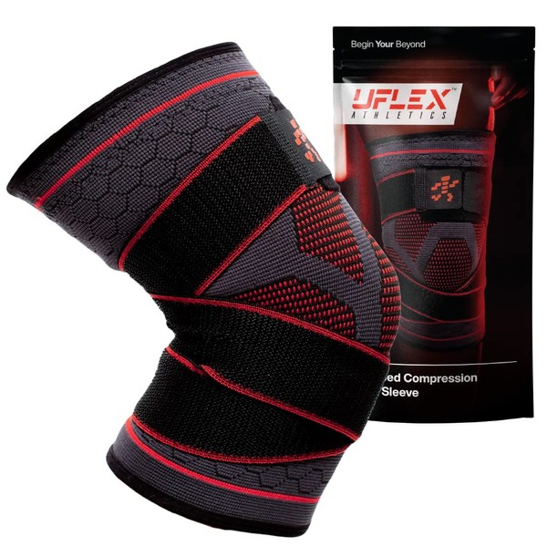 UFlex Knee Brace Compression Sleeve with Straps, Non Slip Running and Sports Support Braces for Men and Women, Sports Safety in Basketball, Tennis - Pain & Discomfort Related to Meniscus Tear (X-Large, 1 Pack)