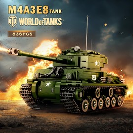 Reobrix M4A3E8 Sherman Tank Building Blocks Model, 836+ Pieces, USA Military Tank Clamping Blocks, Toy Building Blocks, World of Tanks Authorised Products, Gift for Adults and Children 14+ Years