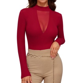 MANGOPOP Long Sleeve Body Suit Mock TurtleNeck Bodysuit for Women Mesh Deep V Bodysuit Tops