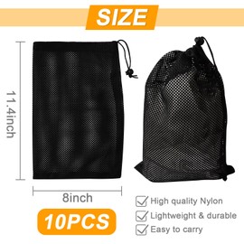SBYURE 10Pcs Nylon Mesh Drawstring Bag,8 x 11.4 Inch Nylon Mesh Bags with Drawstrings Black Bags with Cord Lock Closure for Balls and Travel Laundry Bag