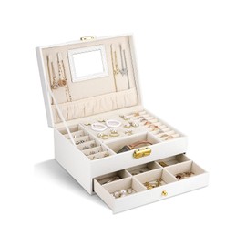 NCKIHRKK 2 Tier Jewellery Box, Jewellery Storage with Drawers, Jewellery Case for Travel, Rings, Necklaces, Watches, Earrings, Hair Scrunchie Storage, Leather Jewellery Box, White