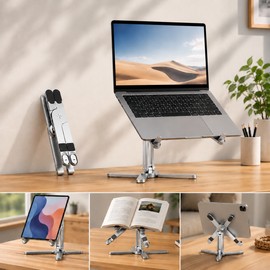 Foldable Laptop Stand for Desk and Travel - Aluminum Alloy Holder with 360° Rotation and Open-Ended Heat Dissipation