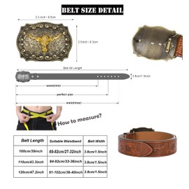 HilyBony Western PU Leather Belt for Men Women Cowboy Cowgirl Longhorn Bull Pattern Engraved Buckle Belt for Unisex, brown