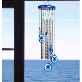 Wind Chime for Home Décor, 27-Inch Evil Eye Wind Chime with 5 Silver Pipes for Positive Energy, Wall Hanging, Living Room, Balcony & Garden, Indoor and Outdoor, Housewarming Gift