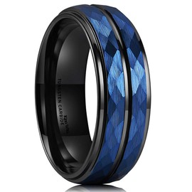 King Will Hammer 8mm Blue Hammered Tungsten Carbide Ring Black Two Tone Wedding Band Groove Step Edge8