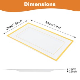 SHUESS 20 Pcs White Plastic Serving Platter with Gold Border - 33 x 20 cm Rectangle Reusable Platters for Party Food - Elegant Food Trays for Serving Party, Buffets, Weddings, Birthdays, Christmas