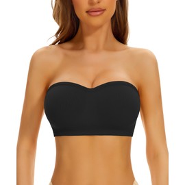 DOCUMO Strapless Bra for Women Padded Bandeau Bra Non-Slip Silicone Seamless Wireless Tube Top Bra (Black, Large)
