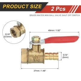 sourcing map 2Pcs Brass Water Mini Ball Valve Shut Off Switch, G1/8" Female x 5/16" Hose Barb, 180 Degree Operation Handle, Brass Valve