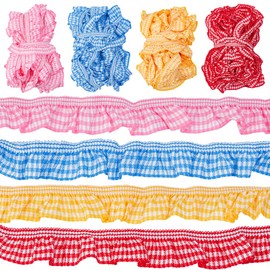 NBEADS 19.69 Yard/18m Gingham Elastic Trim, 2cm Wide Gingham Ruffle Pleated Lace Ribbons Stretchy Pleated Edge Trimmin for Clothes Decoration Sewing Craft, 4 Colors, 4.92 Yards/4.5m/Color
