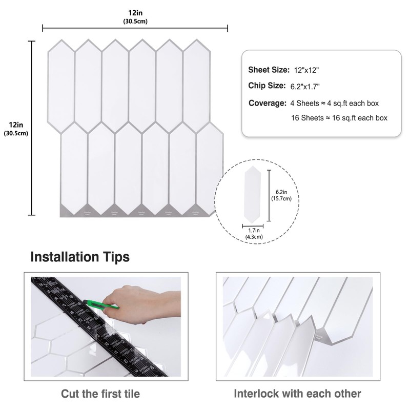 CRE8TIVE 4 Sheets White Long Hexagon Peel and Stick Backsplash