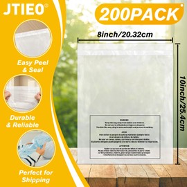 JTIEO Clear Poly Bags 8” X 10” Self-Seal Shipping Bags, with Warning for Packaging, Shirt, Plastic Clothing Bags - 200 Count