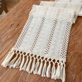 Boho Table Runner 48 Inches Long for Summer Home Decor Farmhouse Rustic Table Runner Beige Macrame Table Decoration with Tassels Made of Cotton Linen for Spring Living Room Bridal Shower (12x48)