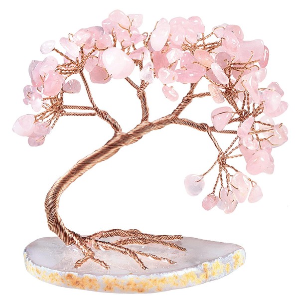 Nupuyai Rose Quartz Crystal Tree with Agate Disc Foot, Tree Figures, Fengshui Ornament for Home, Office, Wedding Decoration