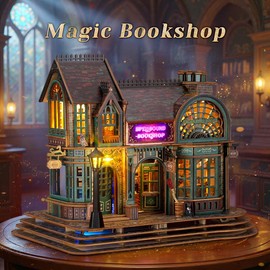 FUNPOLA LED 3D Wood Puzzle - Magic Bookshop Building Model Kit - DIY Miniature Magical Bookstore - 3D Puzzle Architecture Craft Gift for Adults