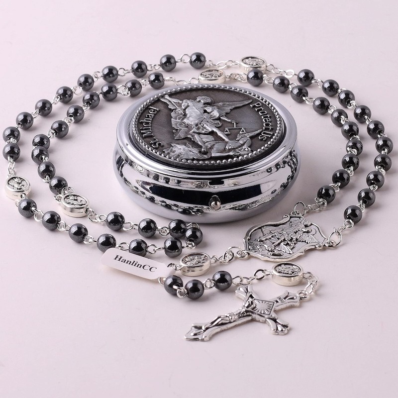 HanlinCC Saint Michael the Archangel Hematite Black Stone Beads Rosary
