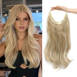 Flyroseing Halos Hair Extension with Transparent Wire, 18 Inch Body Wavy Invisible Wire Blonde Hair Extensions, Blonde Mixed Highlights Hairpiece Synthetic Fiber
