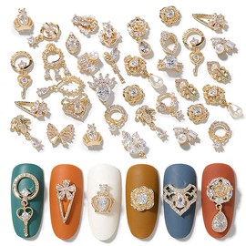 HNUIX Nail Charms and Gems - Gold Copper Zircon, Multiple Shapes 3D Dangle, Metal Jewelry Rhinestones for Nails 24 Pieces