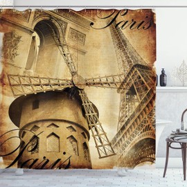 Ambesonne Torre Eiffel Cortina de Baño, Arquitectura parisina, Paño Conjunto de Decoración de Baño de Tela y Ganchos, 70" Alto, Marrón Claro