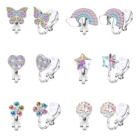 6 Paare Earrings Girls, Girls Ear Clips, Hypoallergenic Clip-On Earrings for Girls, Colourful Zircon Clip Earrings, Without Pierced Ears, Heart, Butterfly, Star, Flowers, Rainbow