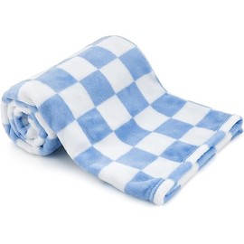 Plush Checkered Baby Blanket for Boys Girls Nursery, 30"*40" Warm Short Fleece Blanket Neutral for Infant Newborn, Small Fuzzy for Sleeping, Chenille Baby for Stroller (Blue&White)