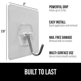 GORILLA GRIP Heavy Duty 25lbs Extra Grippy Reusable Wall Hooks for Hanging, Easy Install Strong Stick on Removable Hook, No Nail Damage, Multi-Surface Use for Decorations, 5 Pack, Metal​