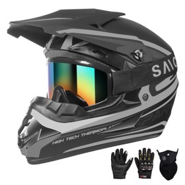 Youth Kids Motocross Helmet, Adult ATV Dirt Bike Helmet, Off-Road BMX 4-Wheeler Full Face Motorcycle Helmet W/Goggles Gloves & Mask, DOT Approved, Gray, M