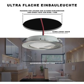 JungesLicht - 4 x LED furniture recessed spotlights - for 55-60 mm holes, ultra flat (10 mm), 2 watts 12 V 200 lumens, warm white 3000 K - incl. transformer and connection cable - easy plug-in installation, furniture light