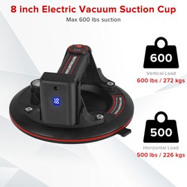 8" Electric Vacuum Suction Cups Lifter with Battery 3000mAh Max Load 600lbs Glass Suction Cups Auto Detect and Replenish Pressure for Transport Glass Tile Granite Windshield (1pack).