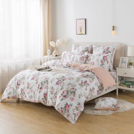 FADFAY Duvet Cover Set Pink Rose Floral Bedding Shabby Peony Flower Quilt Cover Set Vintage Farmhouse Bedding 100% Cotton Soft Comforter Cover Set with Zipper Closure 3Pcs, King/California King Size