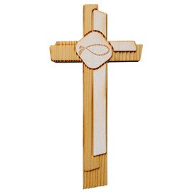 Kaltner Präsente Gift Idea - Real Wood Wall Cross Spruce Crucifix Fish Symbol Modern for the Wall Modern Made in Val Gardena South Tyrol (Height 18 cm)
