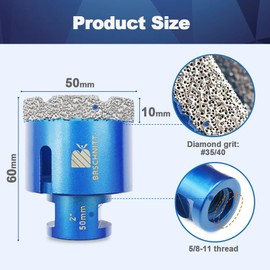 2 Inch Diamond Core Drill Bit for Porcelain Tile Ceramic Marble Granite Drilling,BRSCHNITT 1pc Vacuum Brazed Diamond Hole Saw with 5/8-11 Thread (50mm)