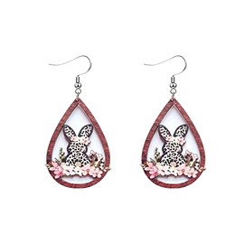 Colorful Easter Bunny Rabbit Wooden Dangle Earrings Cute Leopard Rabbit Flower Teardrop Earring Holiday Jewelry for Women (Rabbit flower)