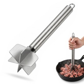 HAPYHOOM 304 Stainless Steel Meat Chopper, 6 Blade Ground Beef Masher, 10.5" Hamburger Smasher, Meat Pounder, Metal Potato Masher Kitchen Tool